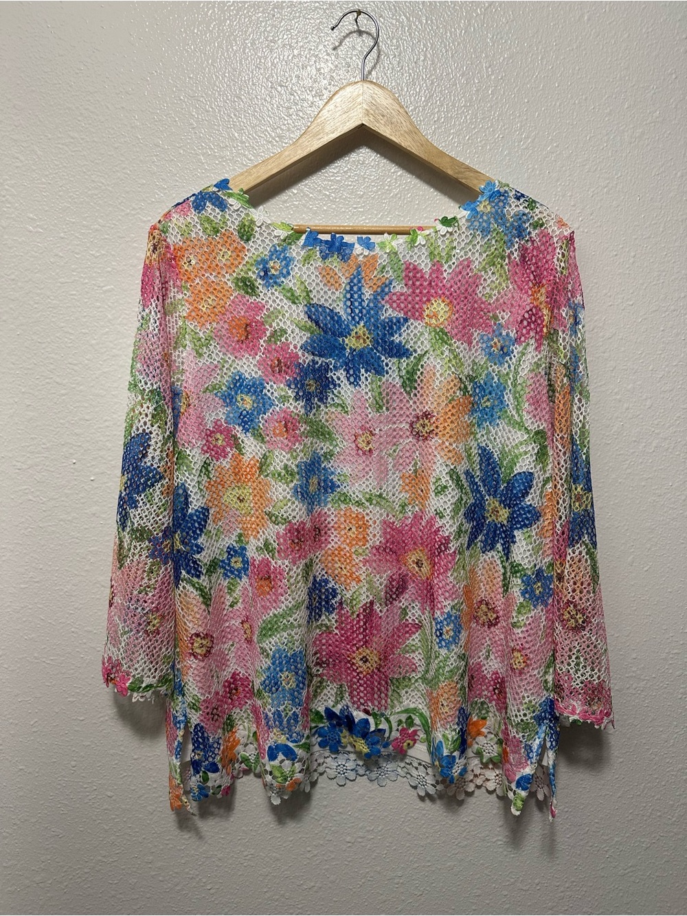 Alfred Dunner Floral Mesh Lace Blouse Colorful Cottagecore Garden Party Top